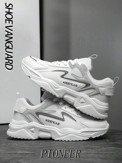 أحذية رياضية خفيفة ومريحة وقابلة للتنفس من الشبكة للرجال، لأغراض الرياضة والموضة اليومية بتصميم منخفض من جلد البولي يوريثان بألوان أسود وأبيض، أحذية رياضية ضخمة مناسبة لكل المواسم