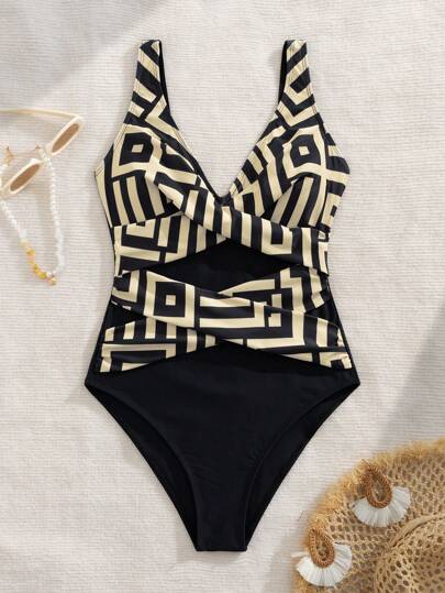 مايوه حريمي قطعة واحدة بدلة سباحة ضيقة للنساء بتصميم هندسي ملون، مصممة لإطلالة صيفية عارية الظهر، مناسبة للرياضة والإجازات