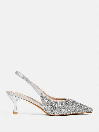 CUCCOO TILAWA أحذية كعب مفتوحة للإصبع الأنيقة مرصعة بالراين للنساء للزفاف، لون فضي