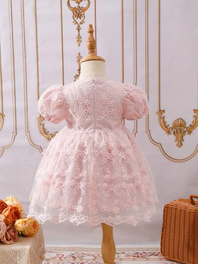 فساتين بيبي فستان الأميرة للفتيات الصغيرات بأكمام متفشية باللون الوردي الفاتح، مزين بطبعات الزهور والدانتيل والكشكشة لفصل الربيع/الصيف