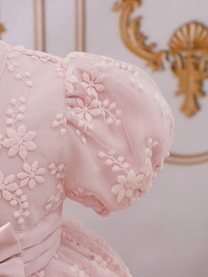 فساتين بيبي فستان الأميرة للفتيات الصغيرات بأكمام متفشية باللون الوردي الفاتح، مزين بطبعات الزهور والدانتيل والكشكشة لفصل الربيع/الصيف