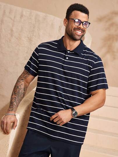 EASEVO قميص بولو مخطط قصير الأكمام فضفاض لرجال البدناء ، مناسب للمدرسة