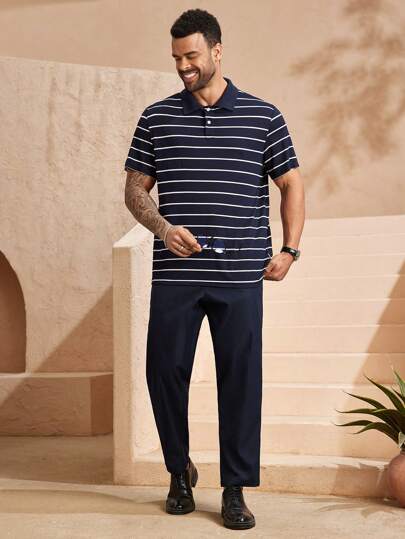 EASEVO قميص بولو مخطط قصير الأكمام فضفاض لرجال البدناء ، مناسب للمدرسة