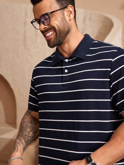 EASEVO قميص بولو مخطط قصير الأكمام فضفاض لرجال البدناء ، مناسب للمدرسة