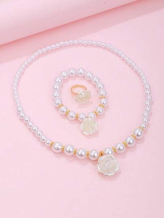 طقم مجوهرات مكون من 1 عقد و 1 سوار و 1 خاتم به قلادة بزهرة الكاميليا الأنيقة، ديكور لحفلات البنات، 3 قطع