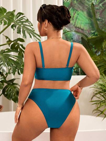 Swim SXY بدلة سباحة مكونة من قطعتين للنساء المزيد من المقاسات، ملابس علوية باندو ذات نسيج لامع معدني ومشبك، وأسفل بطراز مثير مع نجوم معدنية، أنيقة وجذابة لأجازة الشاطئ