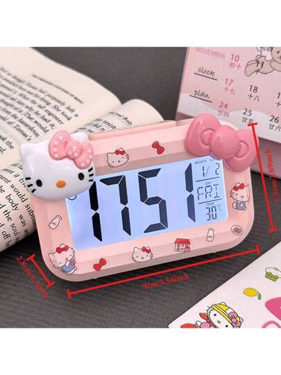 Sanrio ساعة منبه صغيرة هالو كيتي من سانريو - ساعة طاولة صغيرة بتصميم كيوت متعددة الوظائف محمولة للطلاب و ديكور المنزل | منتج رسمي معتمد ديكور غرفة ساعة رقمية