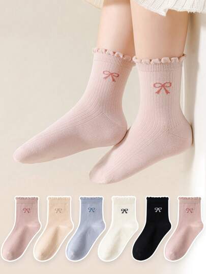 6 أزواج من الجوارب الملونة المختلطة للأطفال مزينة بالدانتيل والفيونكة، جوارب متعددة الاستخدامات للبنات والأطفال الصغار حتى منتصف الساق، مناسبة للارتداء اليومي خلال جميع الفصول