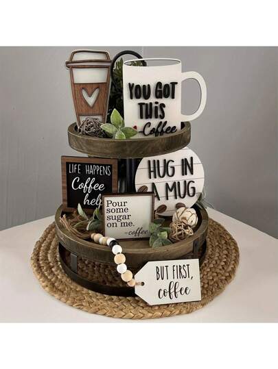 6 قطع مجموعة، ديكور صينية متعددة الطبقات للقهوة، لافتة خشبية لمحطة القهوة بطراز المزرعة، مناسب للاستخدام اليومي في مطبخ المنزل، محطة قهوة المزرعة، صينية متعددة الطبقات مع علامات ذات موضوع القهوة - مثالية للديكور والعرض متعدد الأغراض في عيد الميلاد...