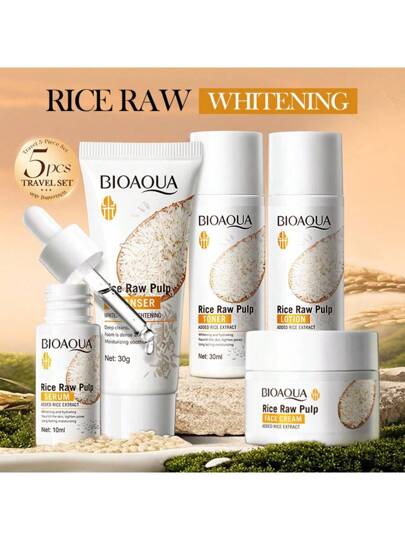 طقم العناية بالبشرة 5 قطع بسيروم الأرز، للسفر، حمله معك، طقم هدايا مرطب ومرطب لمنتجات العناية بالبشرة، إكسير الأرز منعش ومرطب لمراحل العناية اليومية بالبشرة، معقم الوجه، كريم الليل