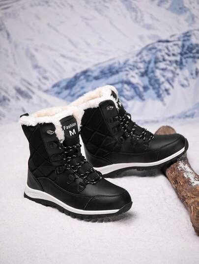 بوت ثلج كلاسيكي للرجال، أعلى الكاحل مع ربطة من الحروف الملونة، بوت خارجية مريحة متعددة الاستخدامات، دفيئة مبطنة من الفليس حتى منتصف الساق، بوت رياضية