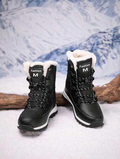 بوت ثلج كلاسيكي للرجال، أعلى الكاحل مع ربطة من الحروف الملونة، بوت خارجية مريحة متعددة الاستخدامات، دفيئة مبطنة من الفليس حتى منتصف الساق، بوت رياضية