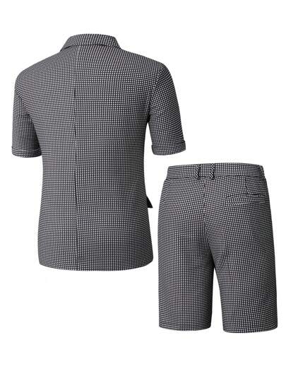 Manfinity Bizformal بدلة رجالية قصيرة الأكمام بنمط كارو قطعتان مكونة من جاكيت وشورت، بدلة مناسبة للتنقل مكونة من قطعتين للرجال، بدلة كاجوال مكونة من قطعتين