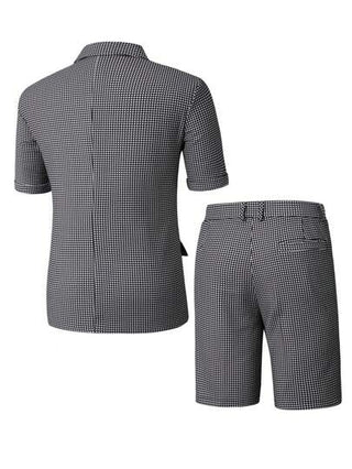Manfinity Bizformal بدلة رجالية قصيرة الأكمام بنمط كارو قطعتان مكونة من جاكيت وشورت، بدلة مناسبة للتنقل مكونة من قطعتين للرجال، بدلة كاجوال مكونة من قطعتين