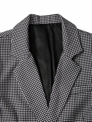 Manfinity Bizformal بدلة رجالية قصيرة الأكمام بنمط كارو قطعتان مكونة من جاكيت وشورت، بدلة مناسبة للتنقل مكونة من قطعتين للرجال، بدلة كاجوال مكونة من قطعتين