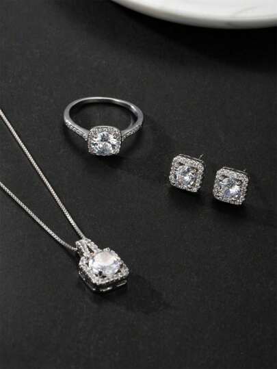 مجموعة مجوهرات أنيقة - أزواج من الأقراط وعقد وخاتم، مرصعة بحجارة الزركونيا المصقولة، مناسبة للمراهقين في الاستخدام اليومي والزينة في الحفلات