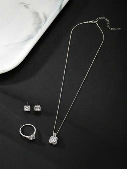 مجموعة مجوهرات أنيقة - أزواج من الأقراط وعقد وخاتم، مرصعة بحجارة الزركونيا المصقولة، مناسبة للمراهقين في الاستخدام اليومي والزينة في الحفلات