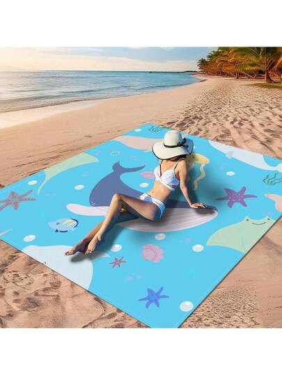قطعة واحدة من بطانية شاطئ مصنوعة من مادة البوليستر 100٪ ذات طراز بوهيمي بتصميمات مطبوعة بخلفية زرقاء مثل قرش كرتوني ، مخلوقات بحرية كيوت ، نمط محيط ملون، نمط دولفين بخلفية زرقاء فاتحة، نمط مربعات زرقاء وبيضاء. مقاومة للماء وسريعة الجفاف، قابلة...
