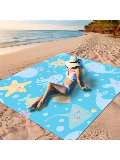 قطعة واحدة من بطانية شاطئ مصنوعة من مادة البوليستر 100٪ ذات طراز بوهيمي بتصميمات مطبوعة بخلفية زرقاء مثل قرش كرتوني ، مخلوقات بحرية كيوت ، نمط محيط ملون، نمط دولفين بخلفية زرقاء فاتحة، نمط مربعات زرقاء وبيضاء. مقاومة للماء وسريعة الجفاف، قابلة...