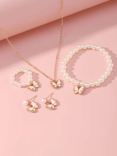 5 قطع من طقم قلادة وسوار وخاتم عبارة عن فراشة زيتية ذات قطرة لؤلؤة، مطابق بسيط لكل شيء