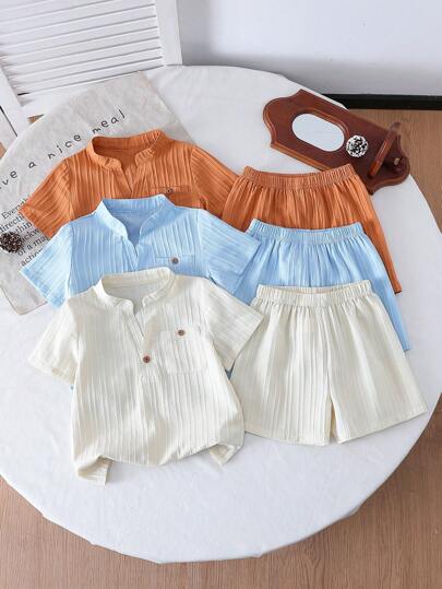 3 قطعة/الحزمة تيشيرت كاجوال للأولاد قصير الأكمام بياقة على شكل حرف V وجيب، ملبس صيفي متعدد الاستخدامات لاستخدام يومي