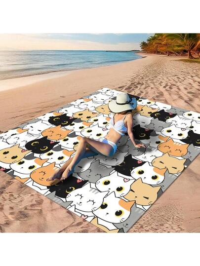 قطعة واحدة من بساط الشاطئ بأسلوب البوهيمي بنمط هندسي ملون مفصل ، نمط طباعة قطة جميلة وملونة ، خلفية زرقاء بتصميم أمواج أسلوب أوكيوو-إي، خلفية زرقاء بريش هندسي ملون ، نمط فصل هندسي وردي وأزرق ، خيار ممتاز للإسترخاء على الشاطئ. مصنوع من مادة البوليستر...