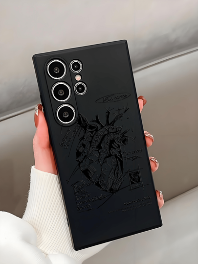 غطاء هاتف واقي صدمات مع نقشة قلب مرسوم ثلاثي الأبعاد مانع للانزلاق باللون الأسود متوافق مع أيفون وهونر وريدمي وجالكسي قطعة واحدة