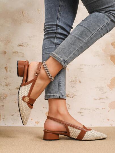 أحذية نساء مغلقة بنصف كعب على شكل قلب معدني مع إبزيم انزلاقية بدون ظهر