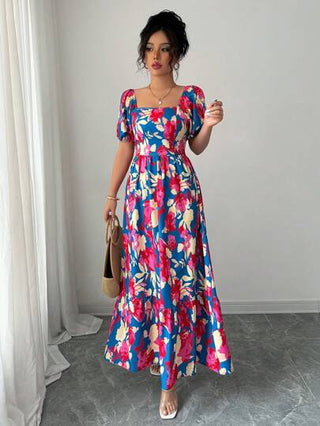 Elenzga فستان نسائي بتصميم أكمام منفوخة وياقة طاقم مطبوع مجعد