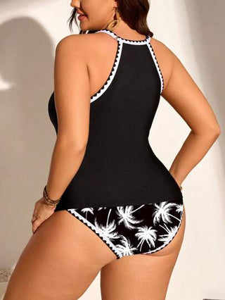 Swim Lushoire مجموعة توب بدون أكمام وشورت مع تصميم كتل اللون والرقع للسيدات بمقاسات كبيرة، بدلة سباحة باللون الأسود