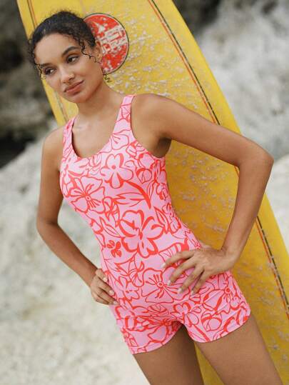 Swim SPRTY ملابس صيفية للنساء على الشاطئ، بدلة رومبر كاجوال رياضية وسريعة الجفاف ذات طباعة عشوائية وياقة دائرية وظهر مفتوح وبدون أكمام مناسبة للتزلج على الأمواج