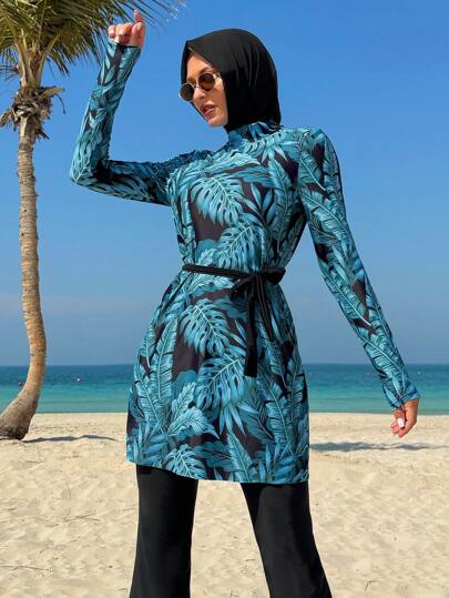 Swim Mulvari 3 قطع/مجموعة ملابس سباحة محتشمة للسيدات مطبوعة بالأوراق بشكل عشوائي - ملابس علوية ذات رقبة دائرية وأكمام طويلة للحماية من الشمس ، وبدلة سباحة مربوطة الخصر ، وطرحة رأس