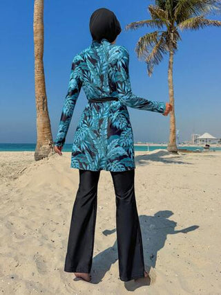 Swim Mulvari 3 قطع/مجموعة ملابس سباحة محتشمة للسيدات مطبوعة بالأوراق بشكل عشوائي - ملابس علوية ذات رقبة دائرية وأكمام طويلة للحماية من الشمس ، وبدلة سباحة مربوطة الخصر ، وطرحة رأس