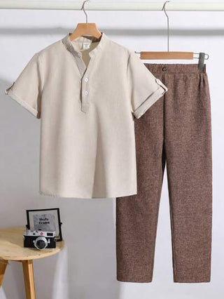 SHEIN طقم قميص أكمام قصيرة وبناطيل كاجوال للصبية المراهقين