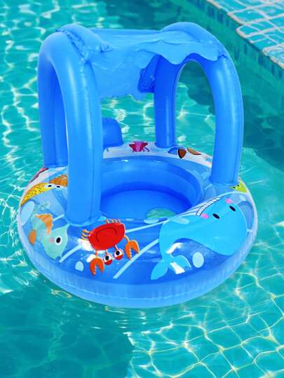 قطعة واحدة حلقة طفو للسباحة للأطفال، مقعد عوامة مائية بشكل سيارة أو قارب مزود بمظلة، حلقة طفو بنمط كرتوني، للاستخدام في السباحة الصيفية