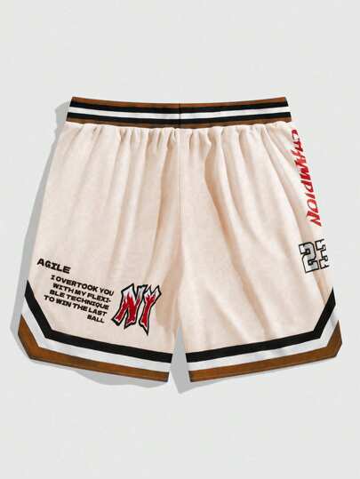 ROMWE MEN Prep شورت رجالي كاجوال مطبوع بألوان متباينة وخطوط وحروف ، صيفي