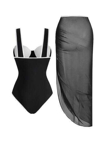 Swim Oasis بدلة سباحة وتنورة من الشبك مقاس كبير 2 قطعة للنساء، طقم ملابس سباحة وحدة قطعة واحدة بلون أحادي بسيط وأنيق للربيع/الصيف