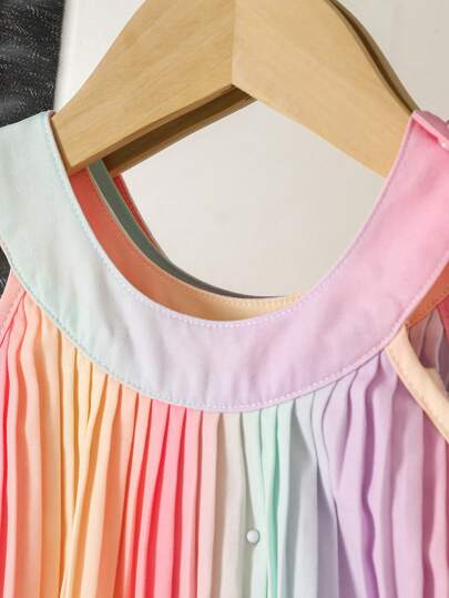 فساتين بيبي فستان صيفي/ربيعي للأطفال البنات، متدرج الألوان مطرز ذو ياقة متوهج، عفوي لأوقات الاستجمام