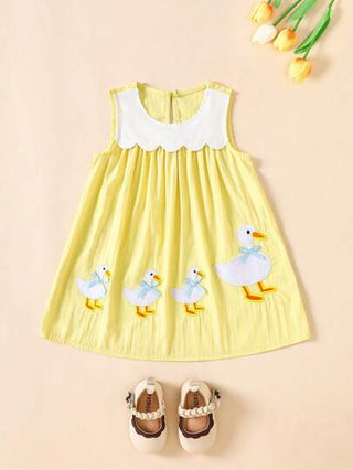 فساتين بيبي Souflis فستان بياقة دائرية بلا أكمام للفتيات مطرز بطريقة كرتونية جميلة بشكل البط، حلو ولطيف للربيع والصيف