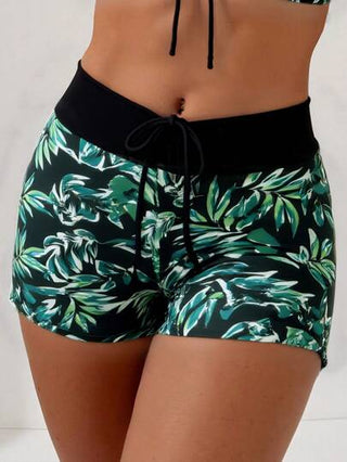 Swim طقم بكيني قصير ذو رسم نباتي استوائي بخيط لربط الخصر، للنساء في الصيف، على الشاطئ، رسم عشوائي
