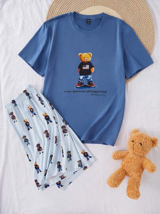 مجموعة ملابس علوية كم قصير مطبوع عليه دب أزرق داكن وقصير مطبوع بنمط الخطوط المتوافق معه من القطن الناعم للاستخدام المنزلي والكاجوال للرجال