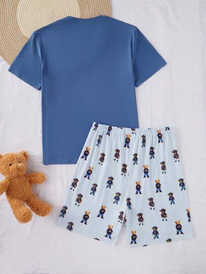 مجموعة ملابس علوية كم قصير مطبوع عليه دب أزرق داكن وقصير مطبوع بنمط الخطوط المتوافق معه من القطن الناعم للاستخدام المنزلي والكاجوال للرجال