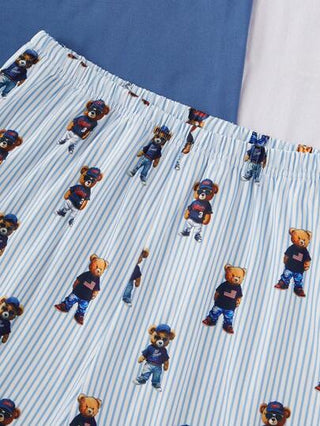 مجموعة ملابس علوية كم قصير مطبوع عليه دب أزرق داكن وقصير مطبوع بنمط الخطوط المتوافق معه من القطن الناعم للاستخدام المنزلي والكاجوال للرجال