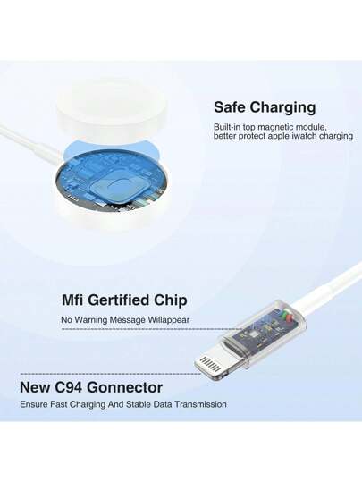 1 قطعة كابل شاحن ساعة ذكية متوافق مع ساعات أبل SE/S9/S8/S10، متوافق مع أجهزة آيفون، من USB/Type-C إلى شاحن السّاعة اللاسلكي + طراز Type-C + كابل شحن Lightning مناسب للمكتب والسكن والشحن اللاسلكي المنزلي