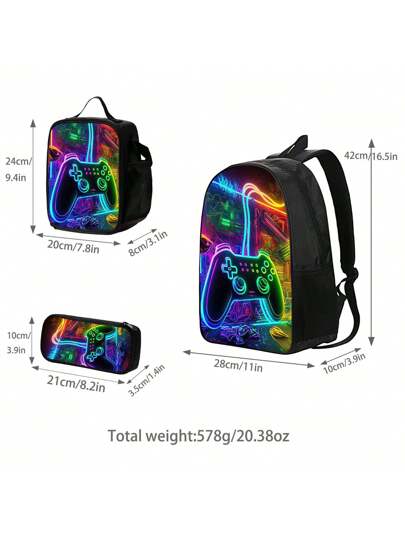 مجموعة الحقيبة الظهر 3 قطع ذات طبعات ألعاب بألوان أسود/فسفورية/متعددة الألوان مع صندوق غداء وحافظة أقلام وحقيبة تخزين - مصنوعة من بوليستر متين وخفيف الوزن، بألوان مختلطة عصرية