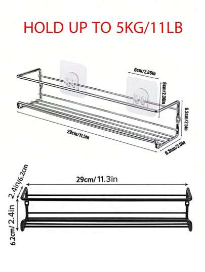 رفوف توابل معدني أسود/فضي بدون علامات ثقب للتركيب على الحائط أو بالبراغي، حامل لأواني التوابل موفر للمساحة، لتخزين الأعشاب والتوابل على باب الخزانة / الحائط، قوي ومتين، يحتفظ ب- 6-8 عبوات توابل، حتى 10 كجم ، مناسب للمطبخ، الحمام، عيد الميلاد، عيد الفصح