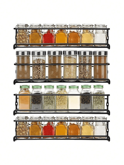 رفوف توابل معدني أسود/فضي بدون علامات ثقب للتركيب على الحائط أو بالبراغي، حامل لأواني التوابل موفر للمساحة، لتخزين الأعشاب والتوابل على باب الخزانة / الحائط، قوي ومتين، يحتفظ ب- 6-8 عبوات توابل، حتى 10 كجم ، مناسب للمطبخ، الحمام، عيد الميلاد، عيد الفصح