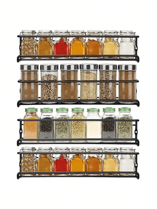 رفوف توابل معدني أسود/فضي بدون علامات ثقب للتركيب على الحائط أو بالبراغي، حامل لأواني التوابل موفر للمساحة، لتخزين الأعشاب والتوابل على باب الخزانة / الحائط، قوي ومتين، يحتفظ ب- 6-8 عبوات توابل، حتى 10 كجم ، مناسب للمطبخ، الحمام، عيد الميلاد، عيد الفصح
