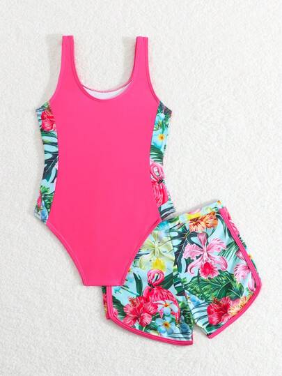 SHEIN بدلة سباحة للفتيات الصغيرات / بدلة سباحة قطعة واحدة/ ذات طباعة/ طقم مكون من قطعتين