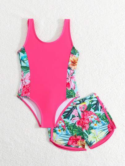 SHEIN بدلة سباحة للفتيات الصغيرات / بدلة سباحة قطعة واحدة/ ذات طباعة/ طقم مكون من قطعتين